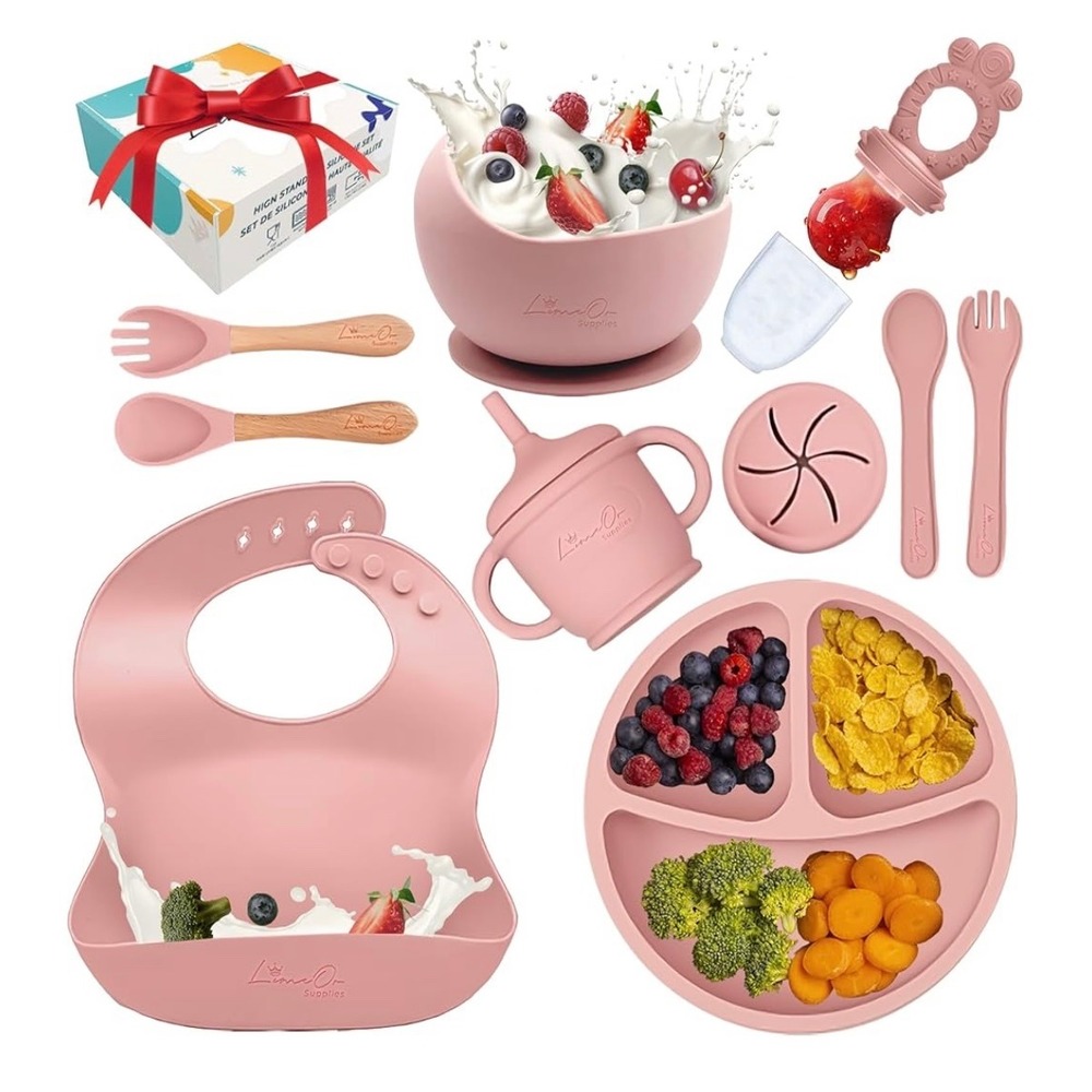 NEW Pink Silicone Baby Feeding‎ Set 10 Pcs Suction Plate Bowl Bib Sippy Cup
